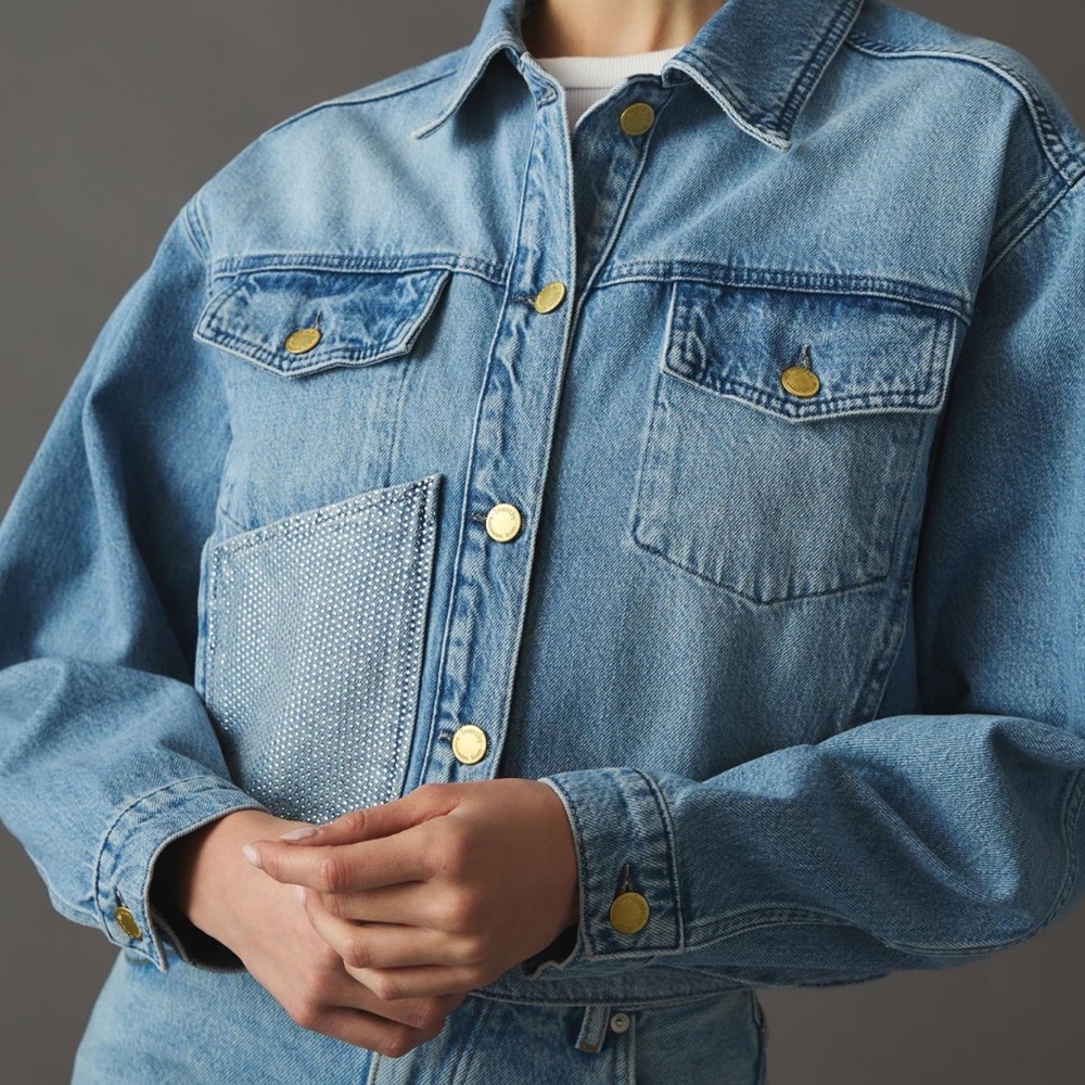 Triarchy denim jacket with rhinestone pocket detail